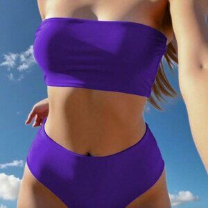 Swim Summer Beach Lace Up Back Bandeau High Waisted Bikini Se